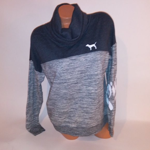 Victoria Secret PINK Sweater Small Cowl Neck Gray Logo Marl Bust 23" Length 23" - Picture 2 of 7